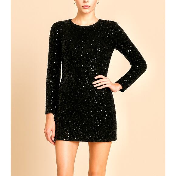 Black Sequin Long Sleeve Mini Dress XS Party Holiday NYE Cocktail Coquette - Picture 1 of 11